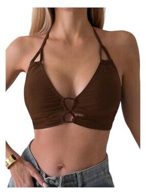 WDIRARA Women's Halter Bikini Top Criss Cross Cut Out Tie Backless Swimwear